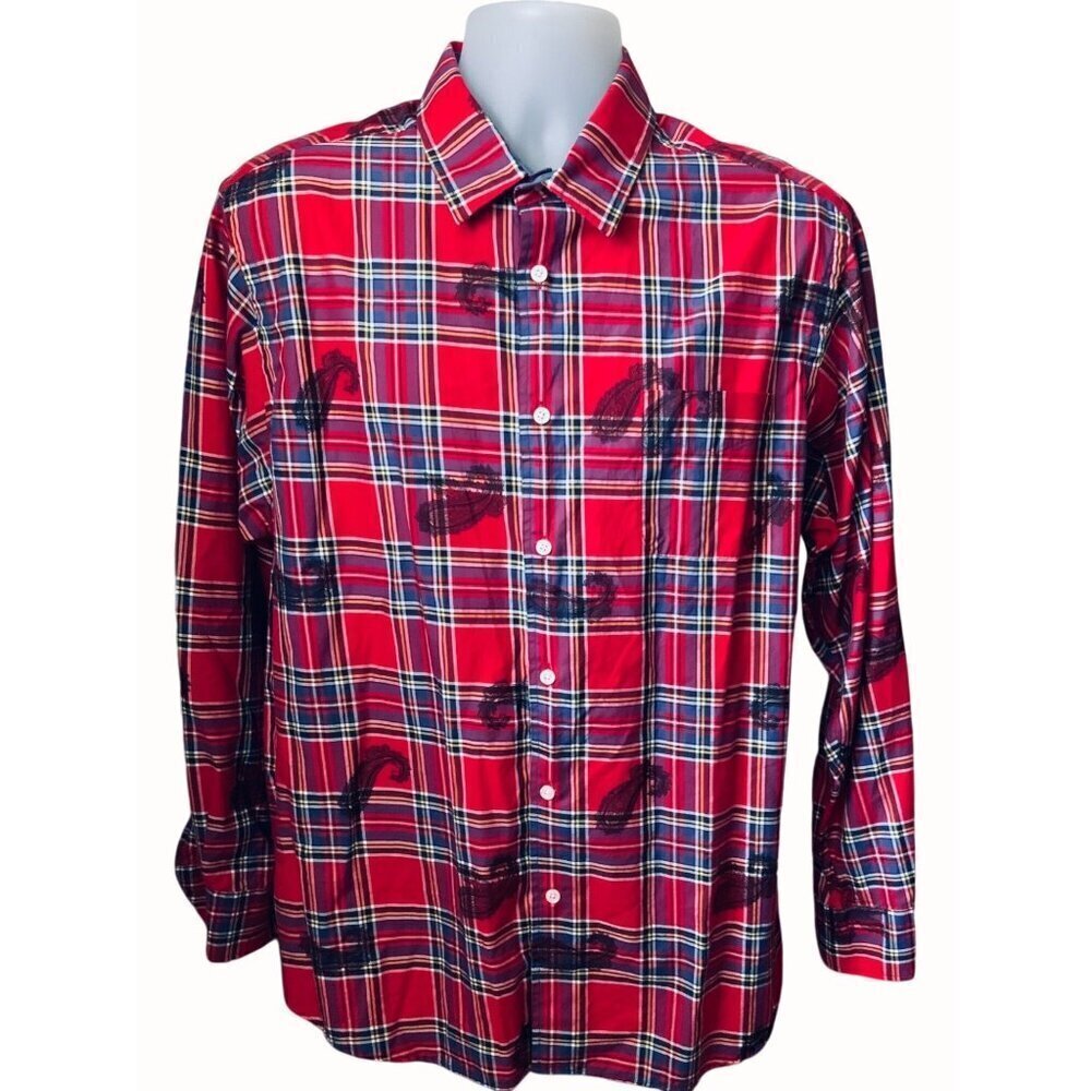 Cremeieux Classics Mens Long Sleeve Collared Red Plaid Paisley Dress Shirt XL